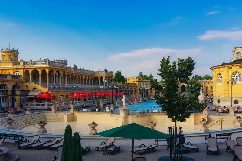 The outdoor pools of the Széchenyi thermal bath in Budapest