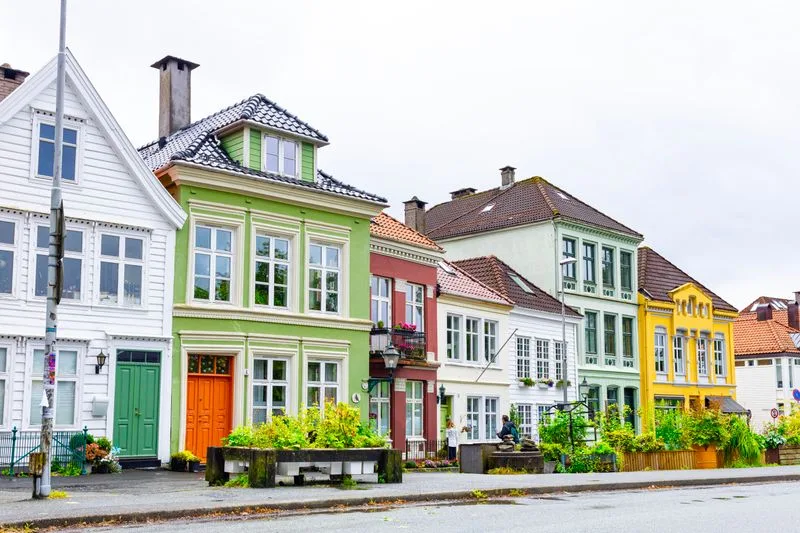 A street of painted wooden houses in Bergen