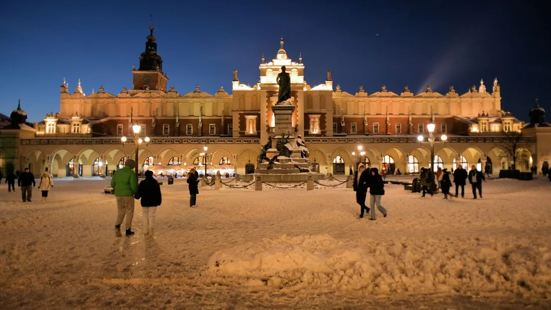 The Cloth Hall lit at dusk in Kraków's Main Market Square