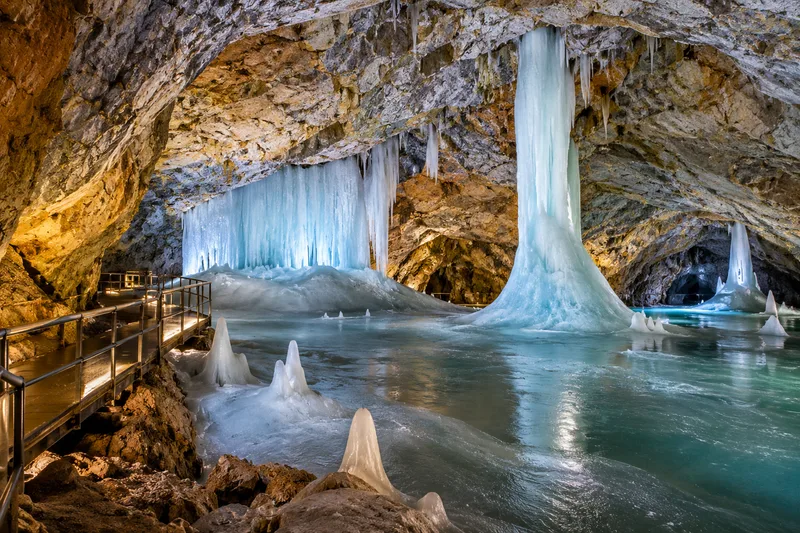 Ice formations inside a Slovak show cave