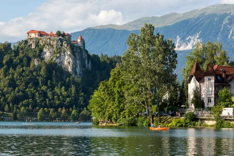 The island church on Lake Bled below the castle
