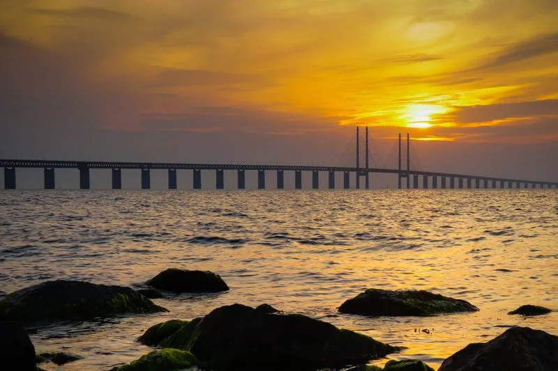 The Oresund Bridge at sunset, seen from the Swedish shore